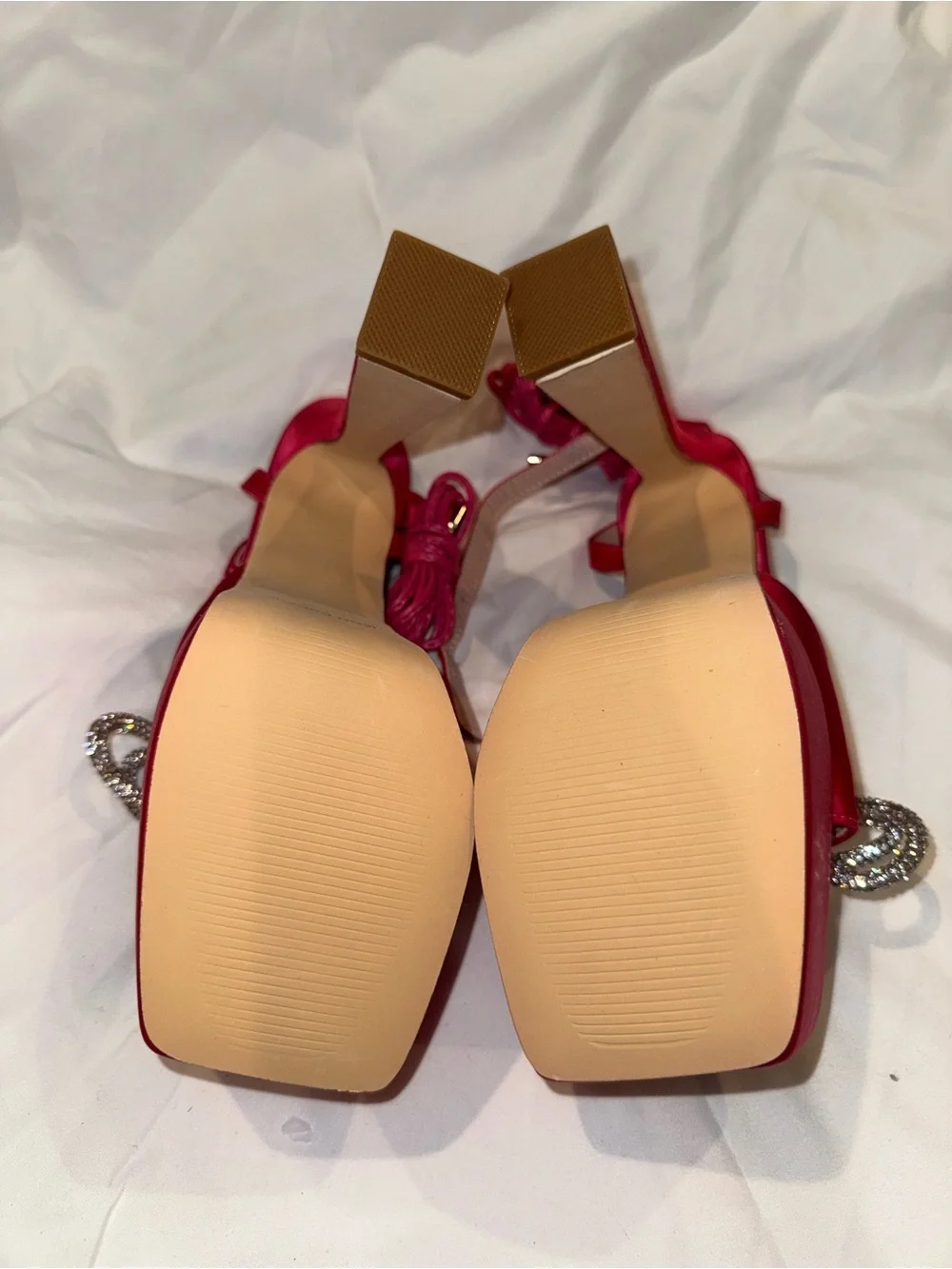 SHEIN Hot Pink Satin Platform Heeled Sandals with Crystal Bow